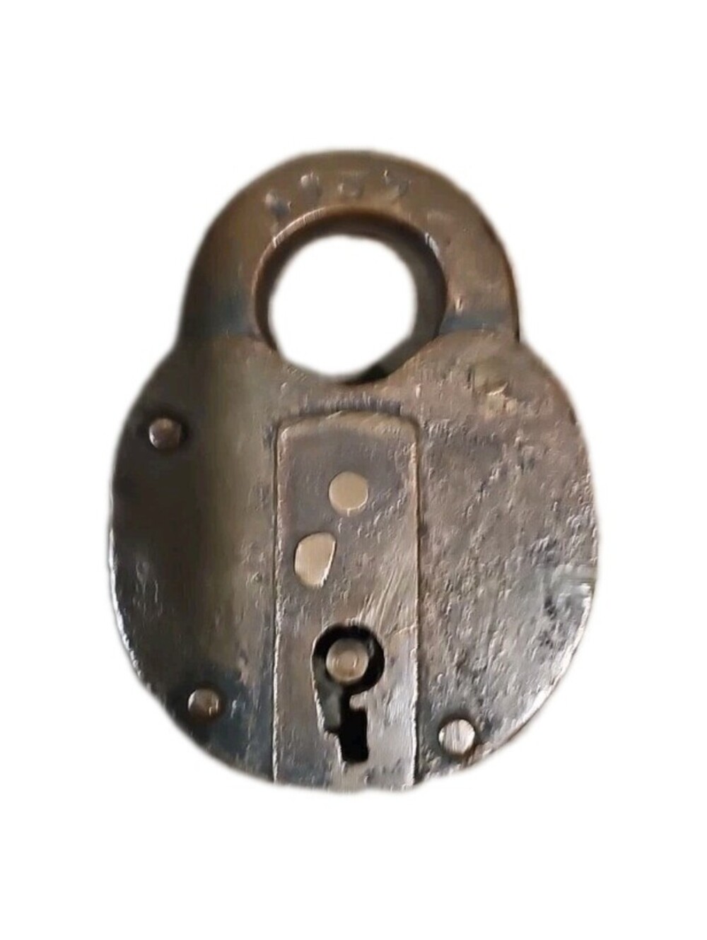 Antique brass "pancake" style railroad padlock. Dust cover works, no key include